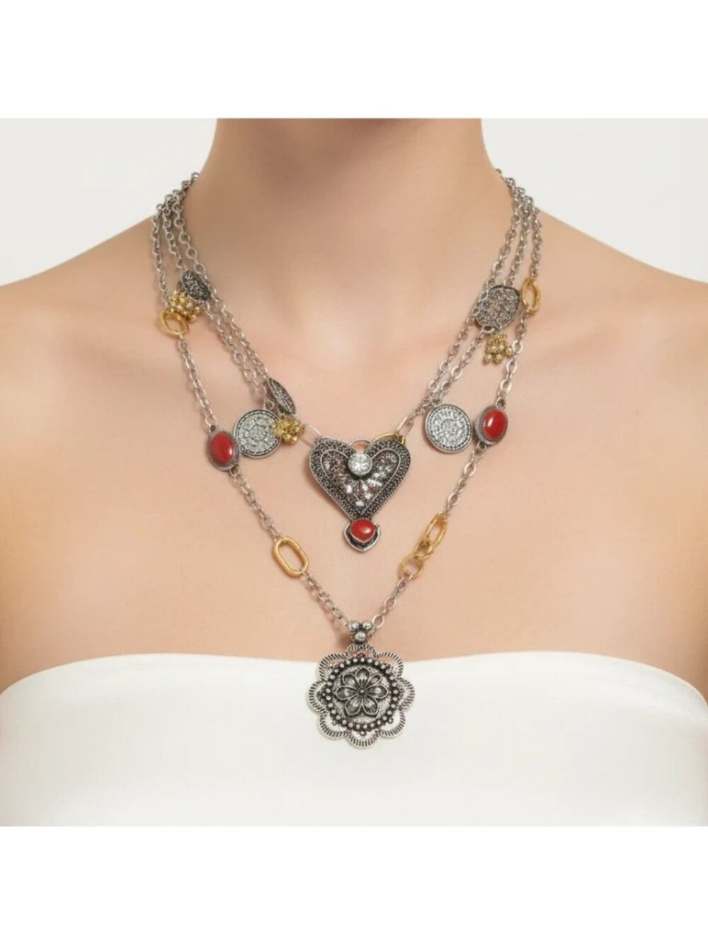 Zara Layered Chain Necklace Two Tone Heart Flower Medallion Charm 1011/271 NWT